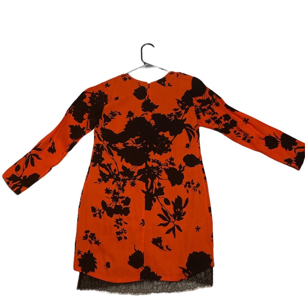 - - - - Karina Grimaldi orange, and black floral dress laced hemline NWOT …